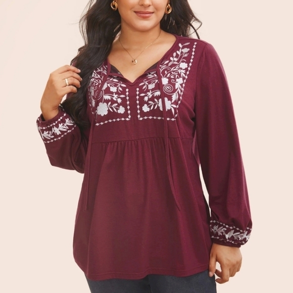Floral Embroidered Knot Neck Lantern Sleeve T-shirt - Picture 1 of 9